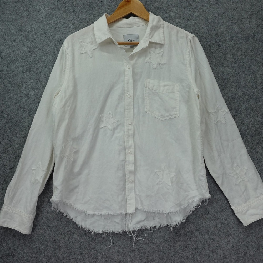 Coastal Boho Linen Shirt Womens M White Tonal Star Frayed Raw Grunge Chic Rails